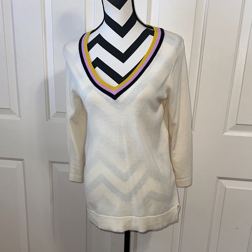 Boden Cream V-Neck Sweater with Multicolor Trim